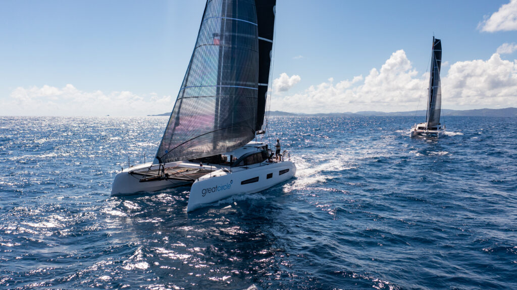 small blue water catamaran